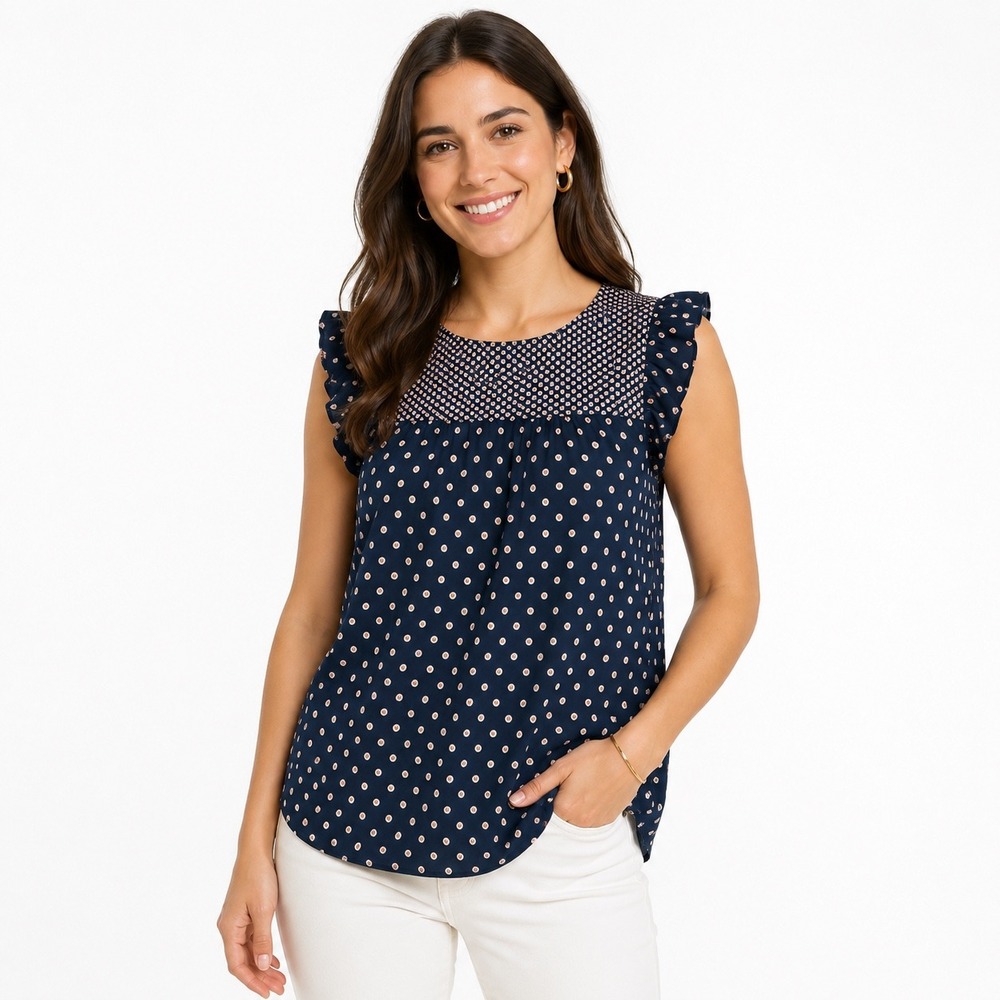 Ann Taylor LOFT Navy Polka Dot Ruffle Sleeve Blouse Small Mixed Print Top